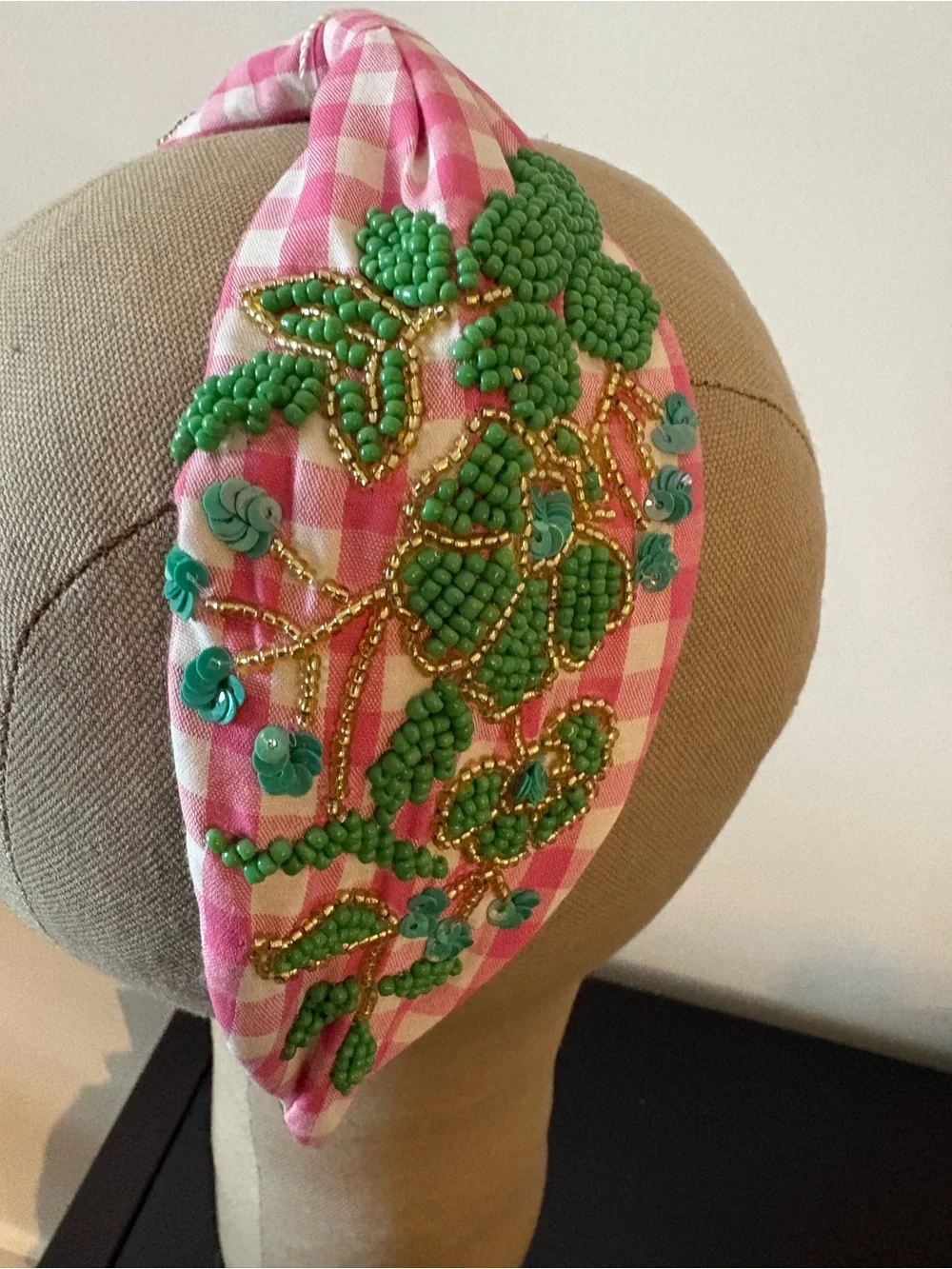 Pink Gingham Beaded Leaf Headband